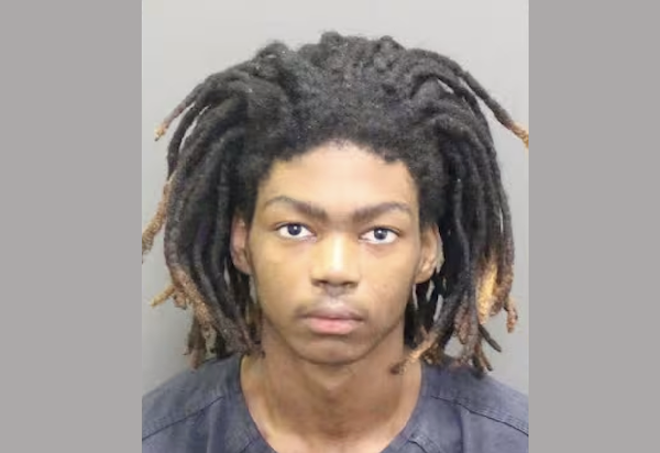 Booking photo featuring a teenager with shoulder-length dreadlocks and a neutral expression, dressed in jail attire.