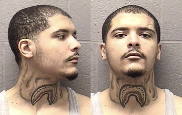 Split image displaying a young man in a tank top, featuring a distinct black tattoo on his throat, posing for police booking photos with both side profile and front-facing views.