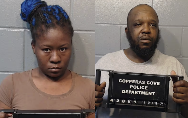 Side-by-side police mugshots show a woman with blue braids and a man with a beard, both holding identification boards labeled with the Copperas Cove Police Department name.