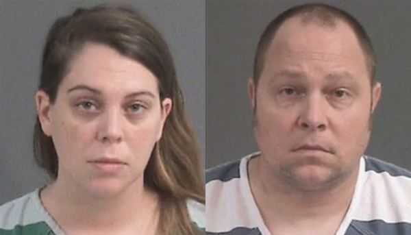 Composite image showing two individuals, a woman on the left and a man on the right, wearing striped jail clothing in official booking photos.