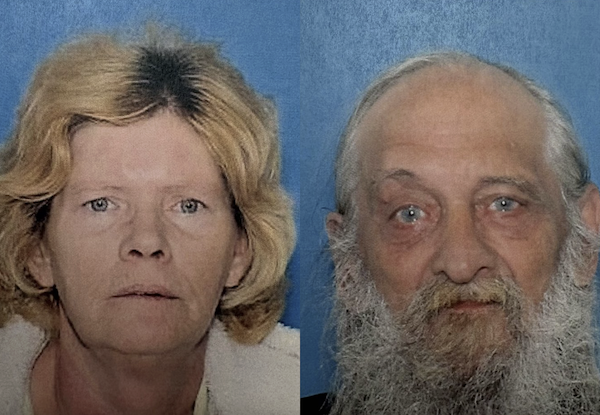 Two individual ID-style headshots: the left shows a woman with shoulder-length light hair and a neutral face, the right depicts an elderly man with a full grey beard and mustache, both photographed in front of solid blue backgrounds.